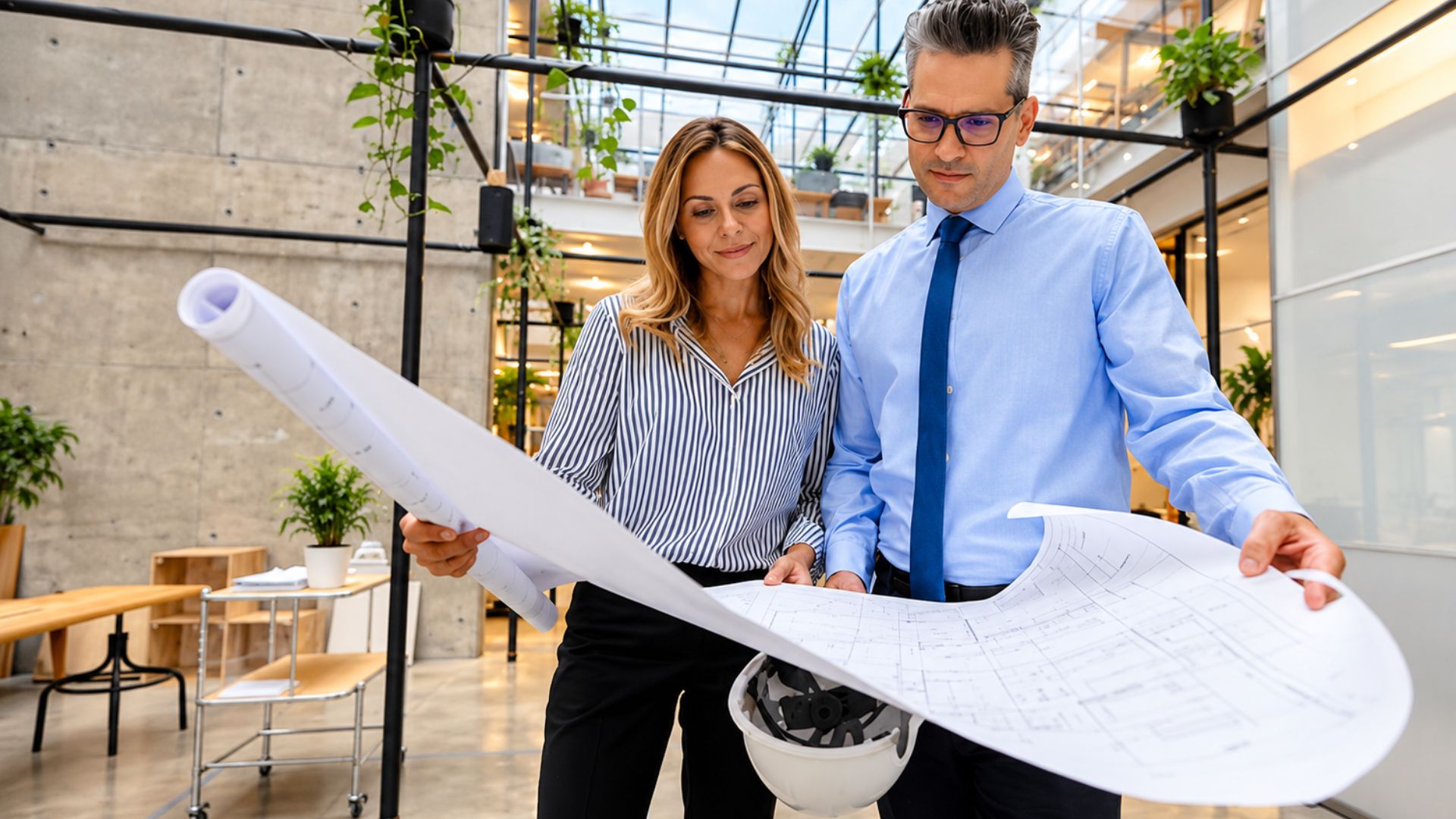 Commercial interior designer and property manager reviewing flexible office layouts for future tenants.