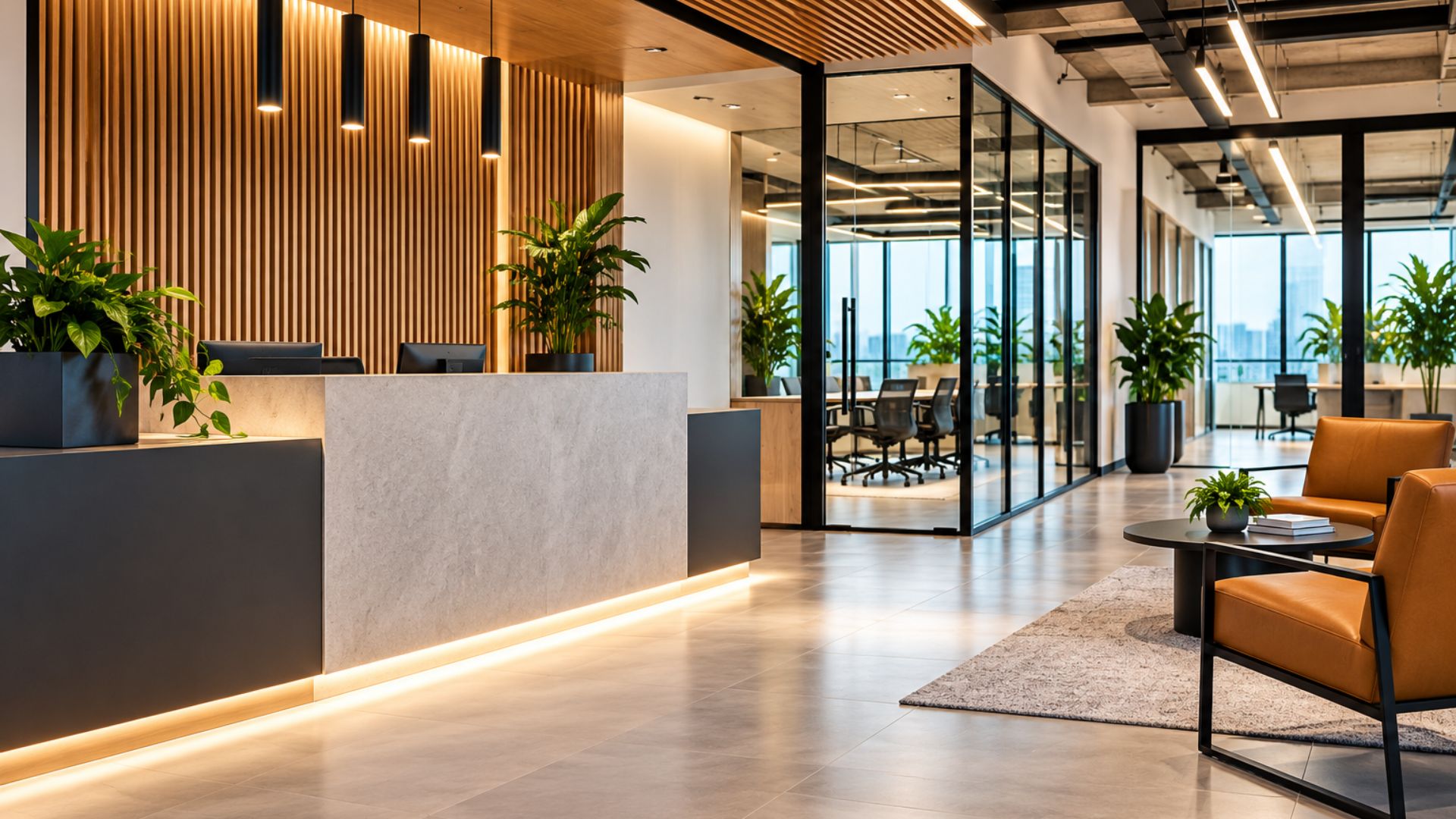 Refurbished commercial office reception showcasing modern finishes and practical property upgrades.