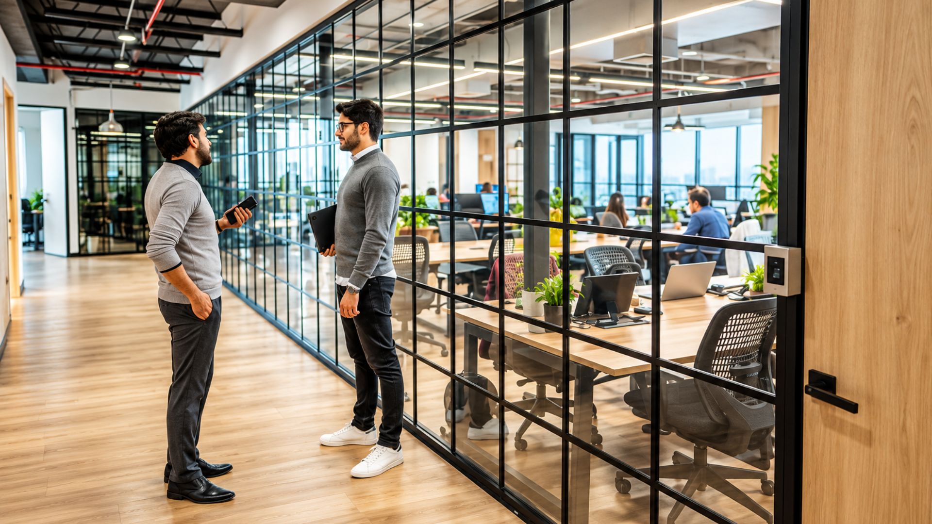 Modern commercial office building interior with flexible floor space and glass meeting rooms in South Africa.