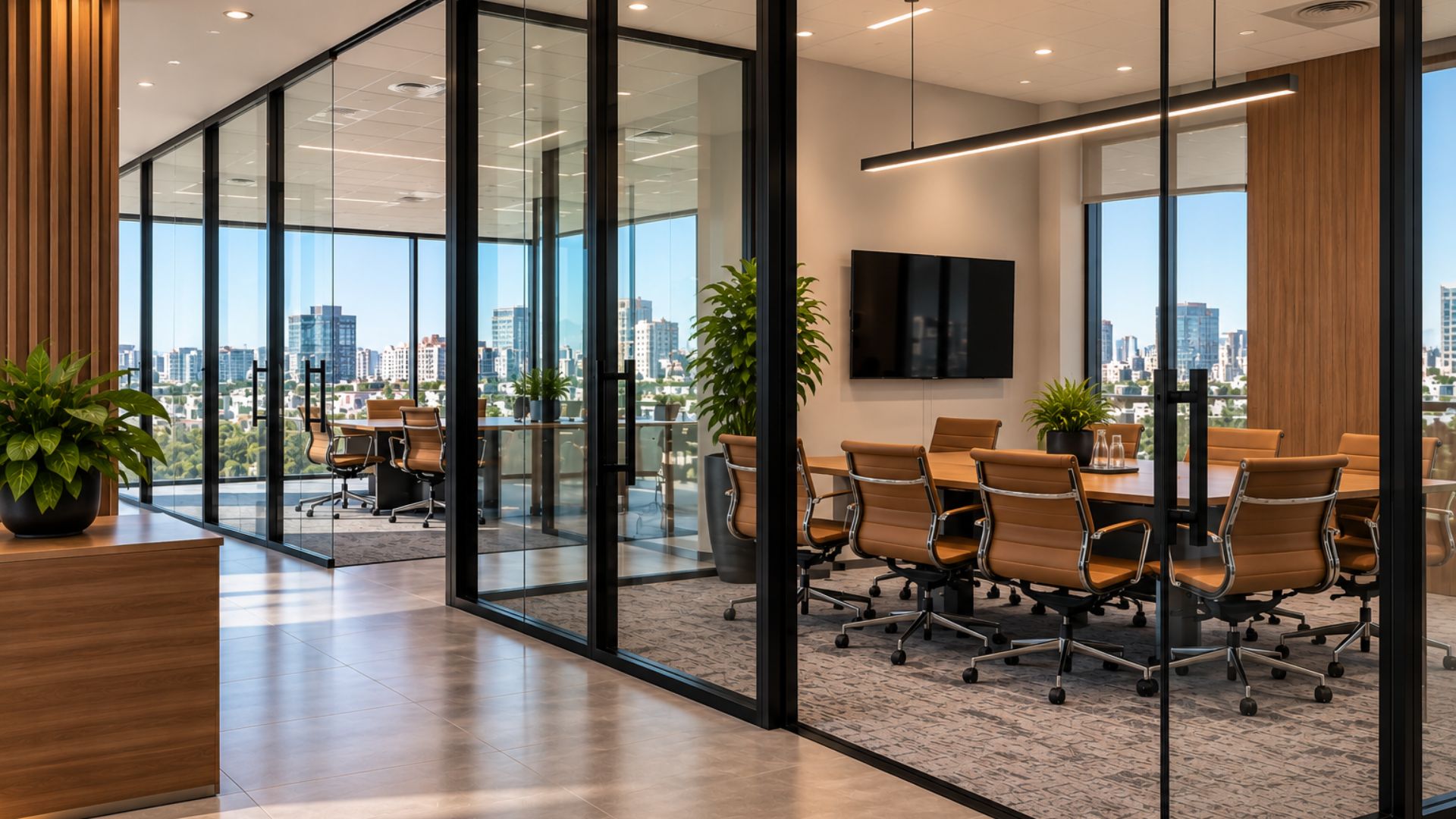 Shared corporate boardroom with separate private meeting spaces in a modern commercial office