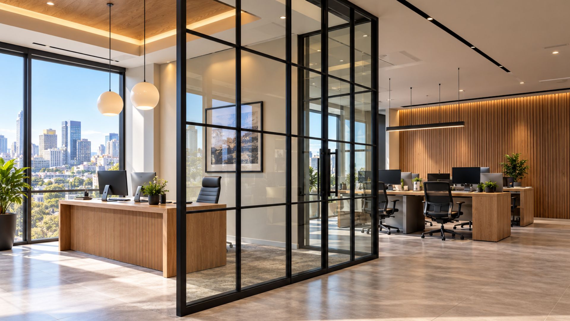 Flexible office layout with glass partitions separating work areas within shared commercial premises.