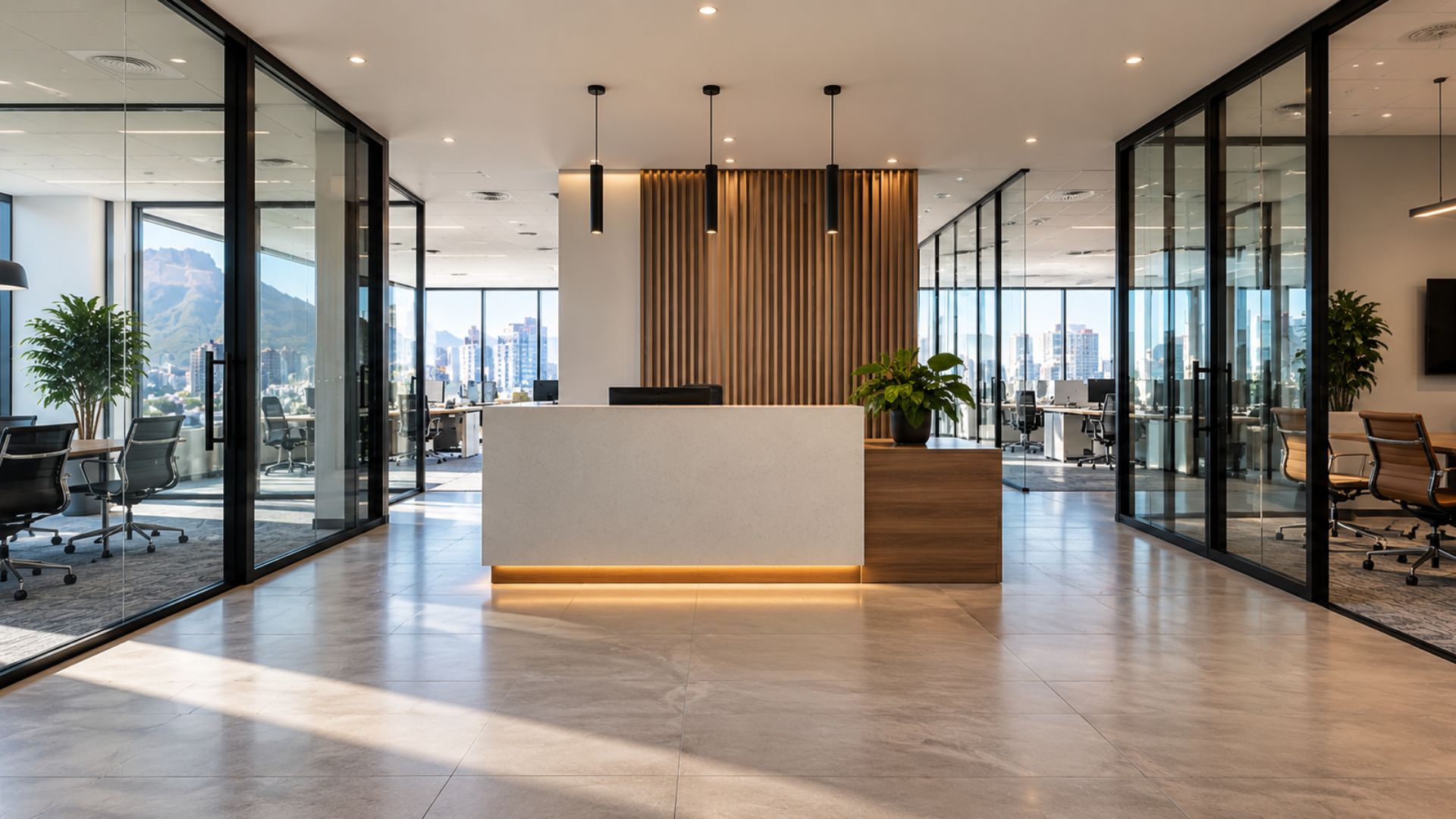 Modern shared commercial office with central reception and separate workspaces for two businesses in South Africa.