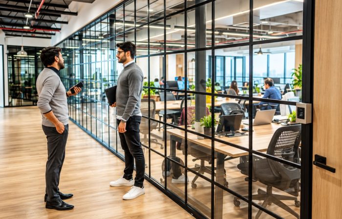 Modern commercial office building interior with flexible floor space and glass meeting rooms in South Africa.