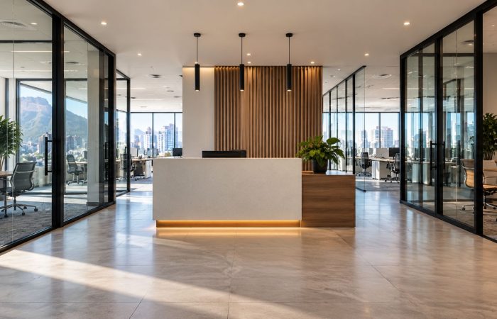 Modern shared commercial office with central reception and separate workspaces for two businesses in South Africa.